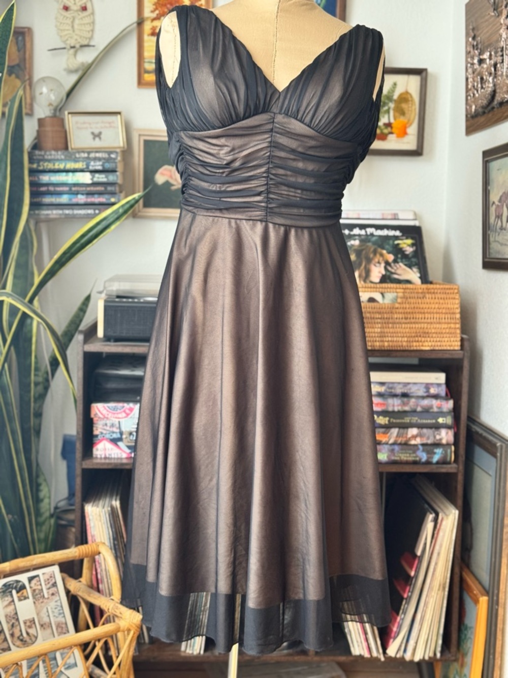 Y2K Connected Dress Fit & Flare Black Sheer Overlay Nude 4 Petite Whimsigoth